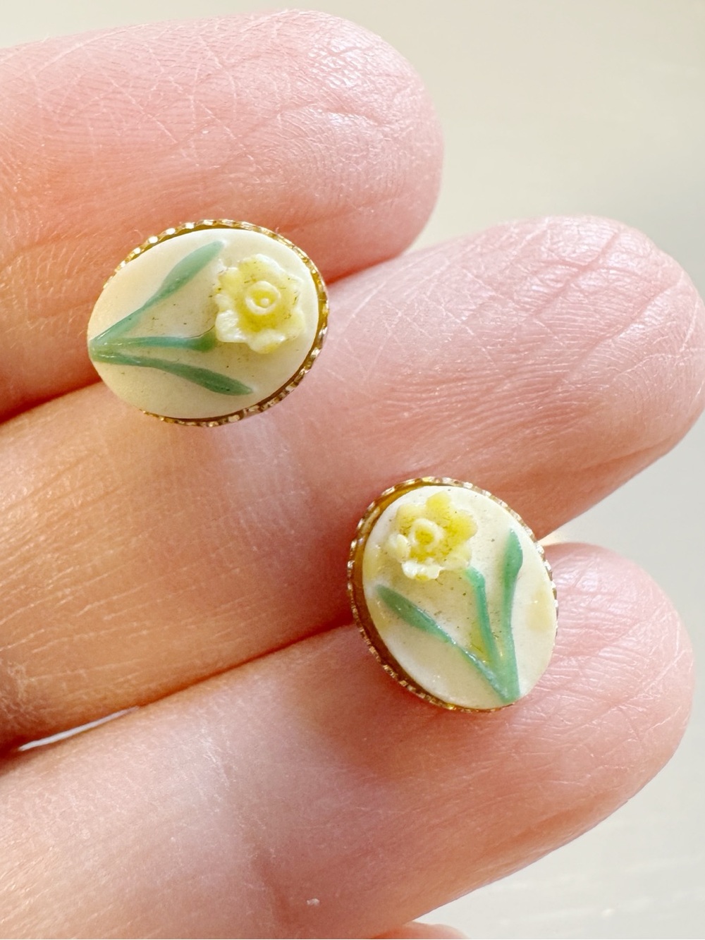 Adderly Floral English Bone China Small Floral Oval Stud Earrings Yellow Green